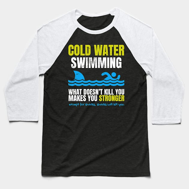 Funny Cold Water Swimming Shark Baseball T-Shirt by SzarlottaDesigns